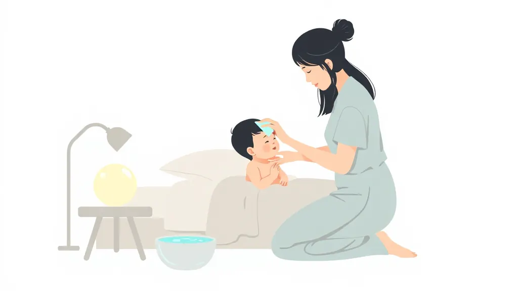 แม่นั่งเช็ดตัวลูกเล็กที่มีไข้ด้วยผ้าชุบน้ำข้างเตียง